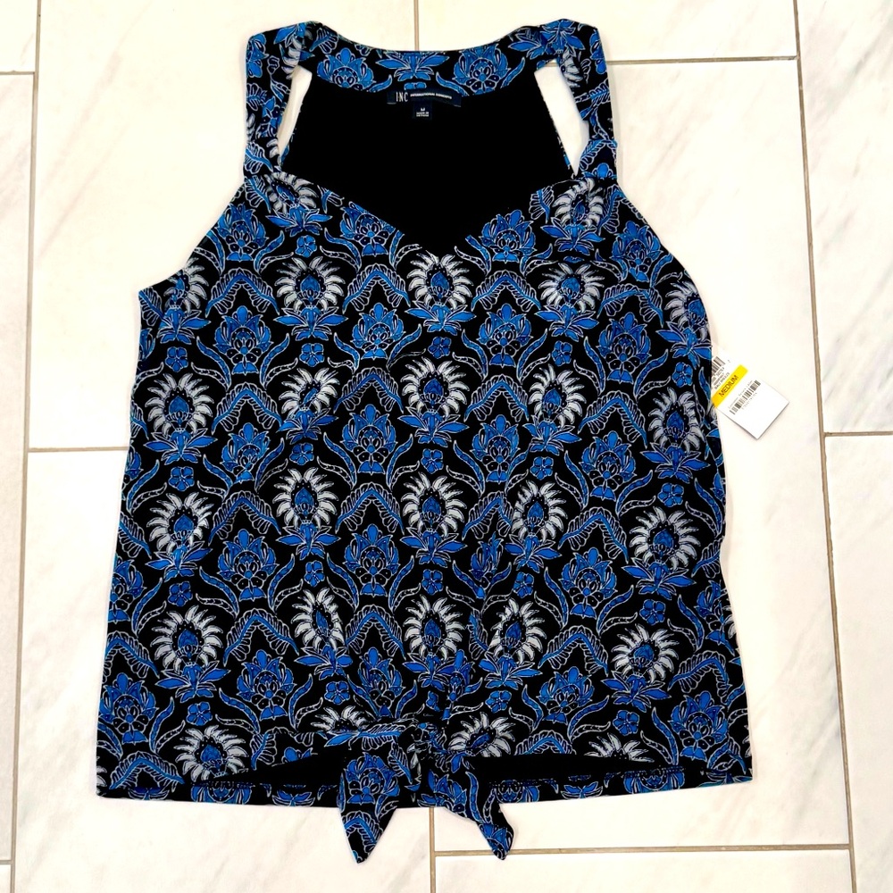 NWT INC International Concepts Blue Lined Tie-Front Sleeveless Top. Size Medium.